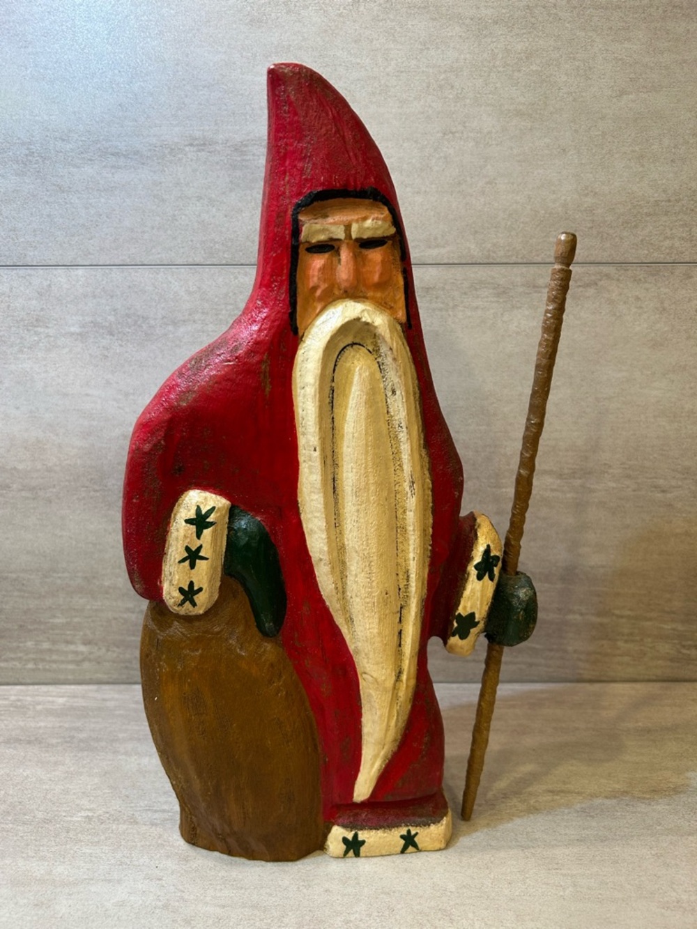 Folk Art Hand Carved St. Nicholas Santa Wood Figure. Maine Wood America's Carver